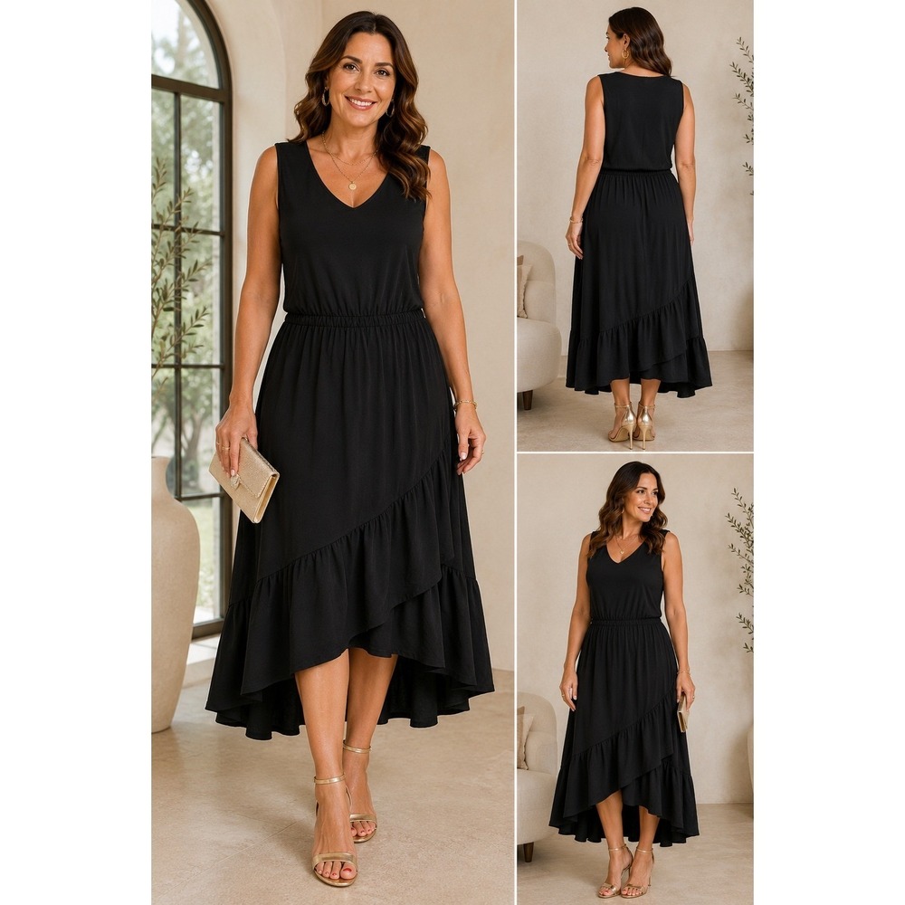 J Jill Wearever Black Asymmetrical Midi Dress Ruffle Hem Sleeveless M Minimalist